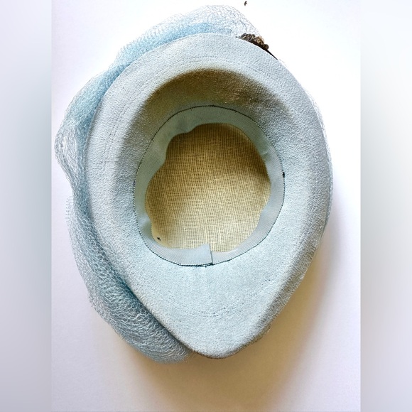 Vintage 1940s Light Blue pillbox hat netting Mesh Gold Sequin Women Formal - Picture 4 of 4